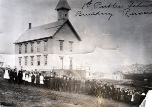 Image of Students in front of Russell School (1884-1912). Moscow, Idaho.